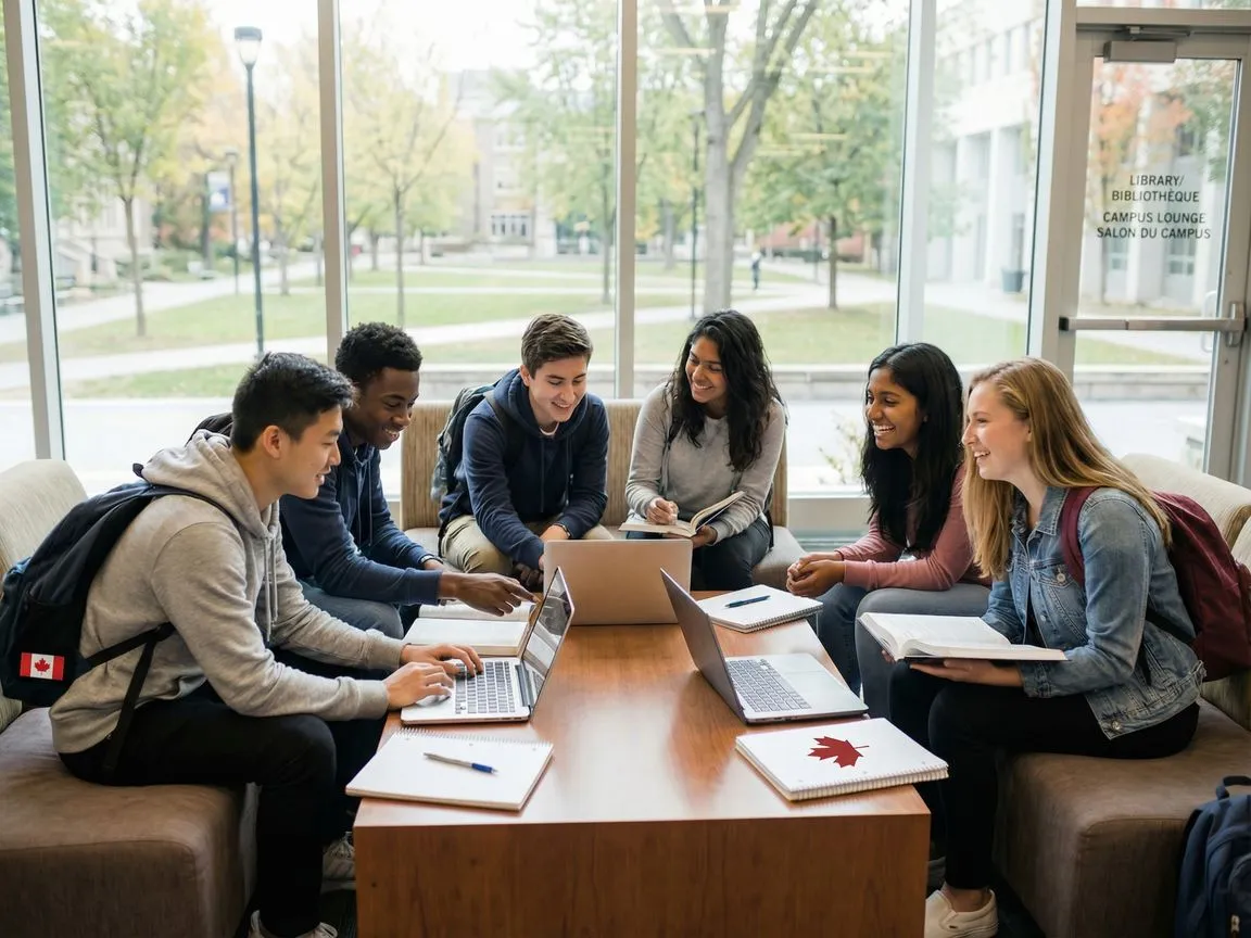 Diverse students collaborating in campus library lounge